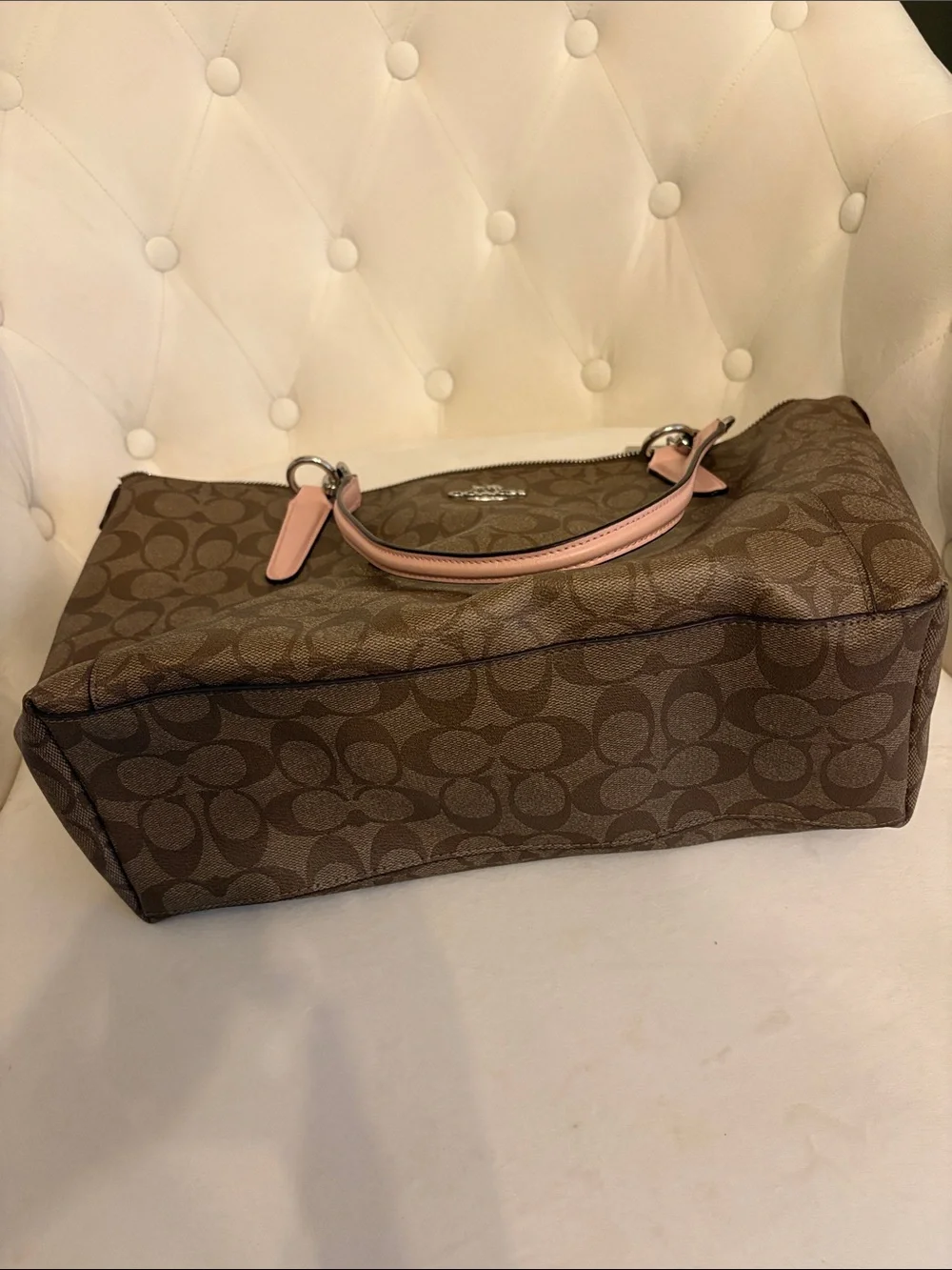 COACH Brown Signature Tote with Pink Trim and Handles